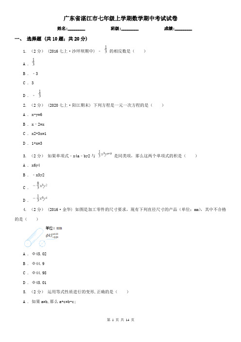 广东省湛江市七年级上学期数学期中考试试卷