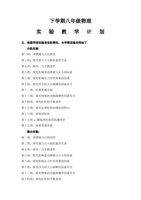 2014新人教版八年级下期物理实验教学计划