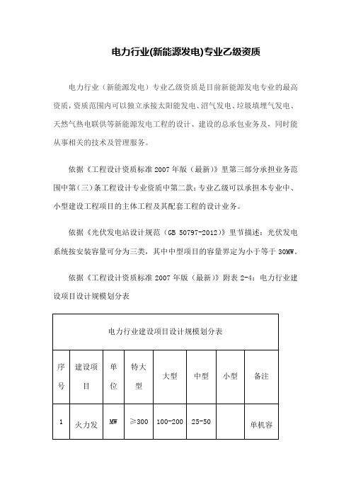 电力行业 新能源发电 专业乙级资质