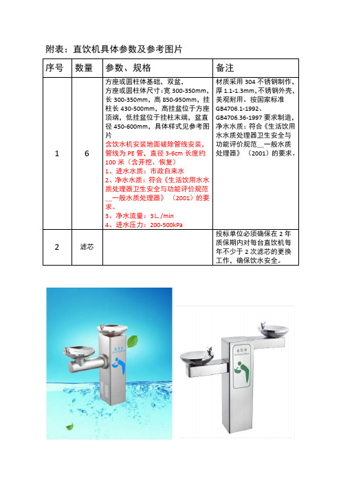 附表直饮机具体参数及参考图片