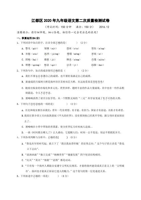 江都区实验初中2020年九年级语文月考试卷及答案