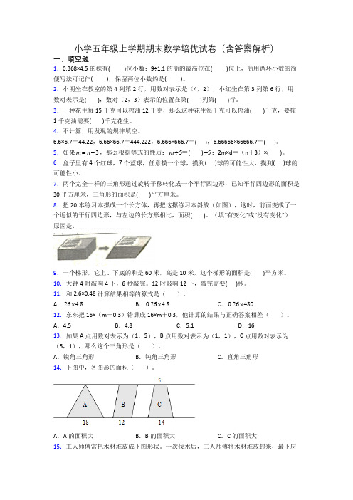 小学五年级上学期期末数学培优试卷(含答案解析)