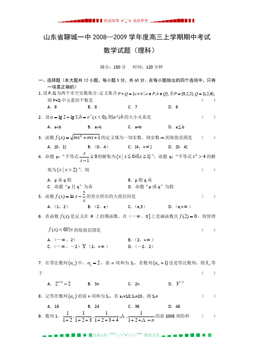 山东省聊城一中2009届高三上学期期中考试(数学理)