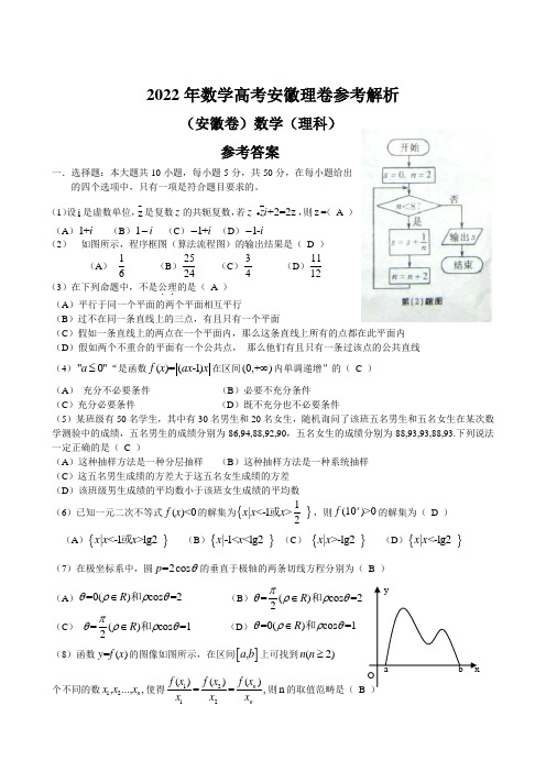 2022年数学高考安徽理卷参考解析