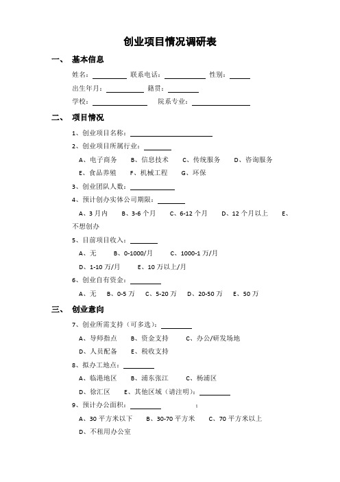 创业项目情况调研表1