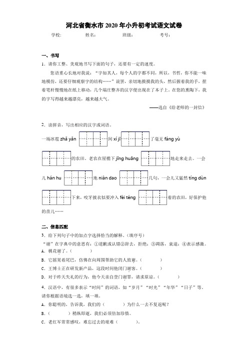 河北省衡水市2020年小升初考试语文试卷(答案解析)