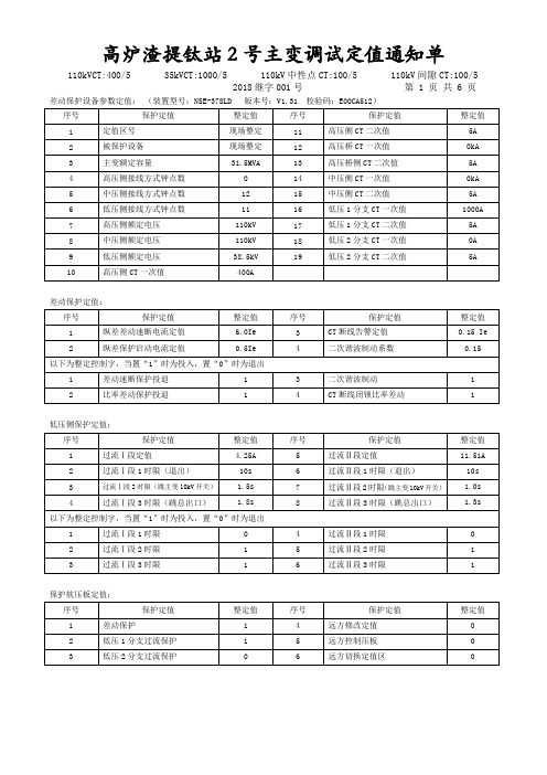 高炉渣提钛站2号主变调试定值通知单(NSR-378)