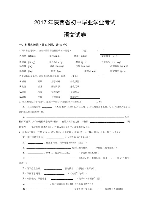 2017陕西中考语文试题(含详细解析和答案)