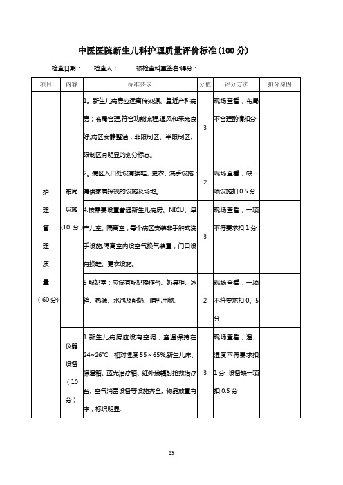 中医医院新生儿科护理质量评价标准