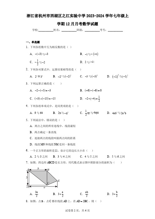 浙江省杭州市西湖区之江实验中学2023-2024学年七年级上学期12月月考数学试题