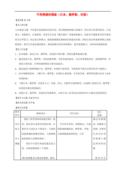 七年级地理下册 第八章不同类型的国家日本、俄罗斯、印度复习教案 (新版)商务星球版