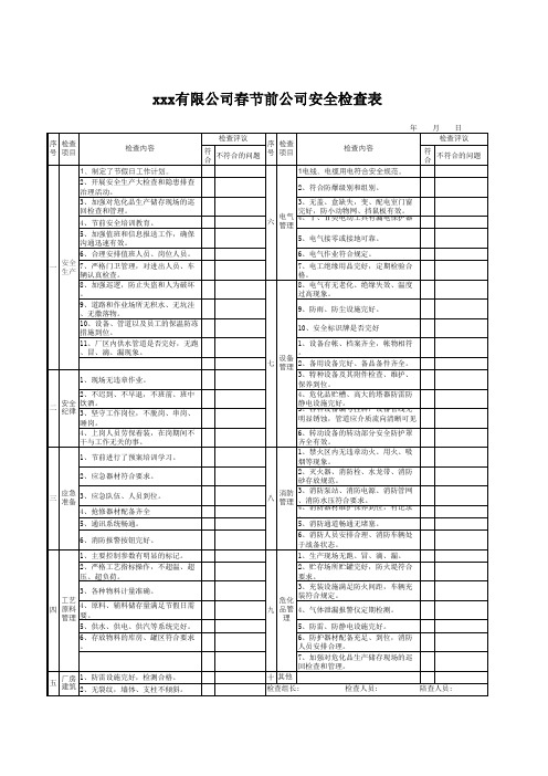 春节前公司安全检查表