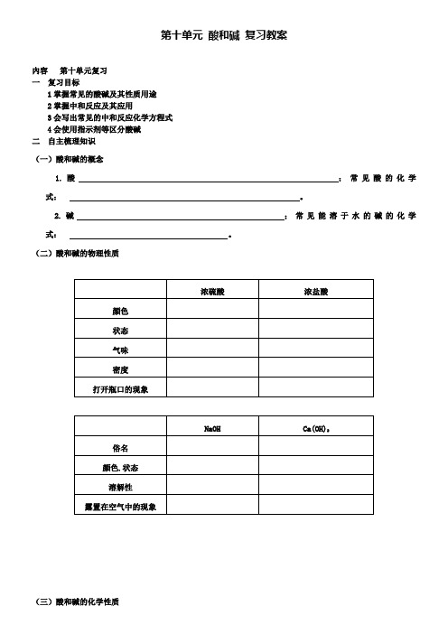 人教版化学九年级下册(新)第十单元酸和碱复习教案