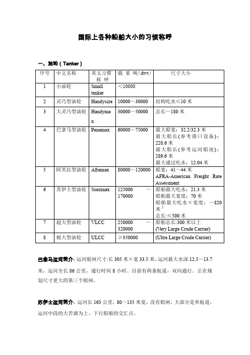 国际上关于船舶大小的习惯称呼