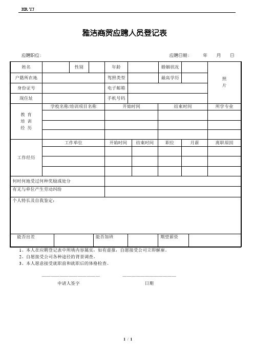 雅洁商贸应聘人员登记表