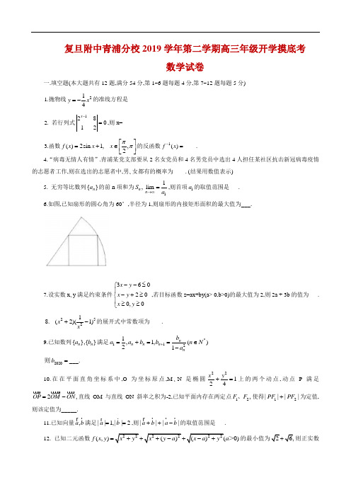 上海市复旦大学附属中学青浦分校2019-2020学年高三下学期数学开学摸底考试卷( word版含答案)