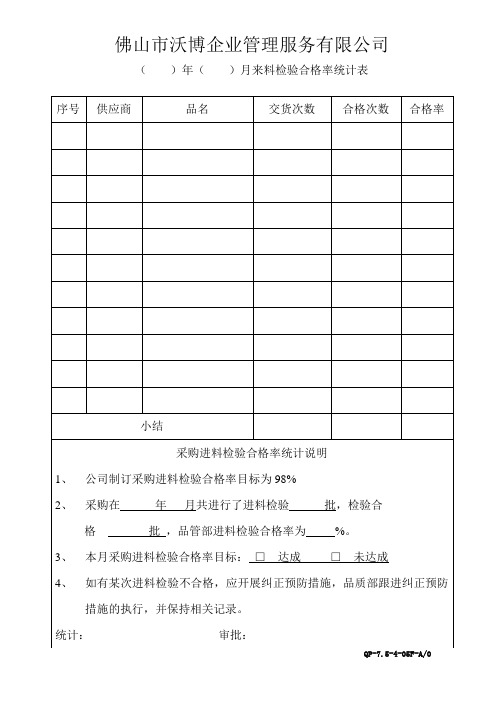 月来料检验合格率统计表