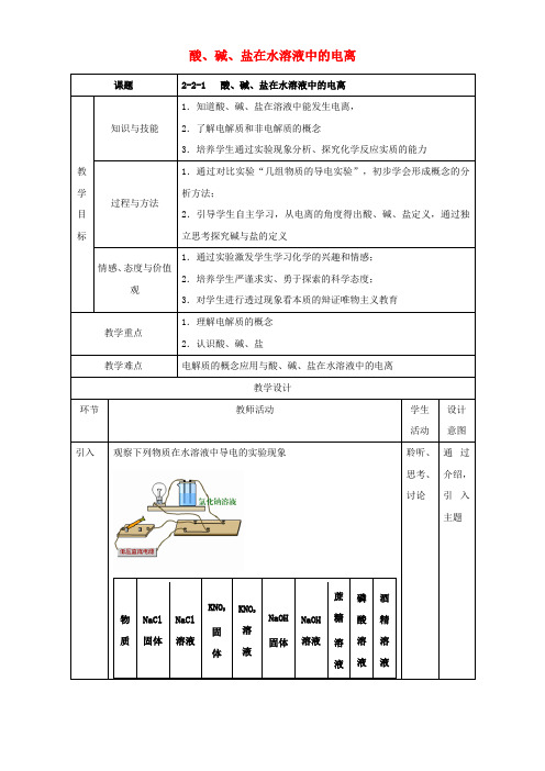 高一化学 221 酸碱盐在水溶液中的电离教学设计