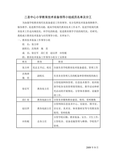 江阴市祝塘中学教育技术装备领导小组成员名单及分工