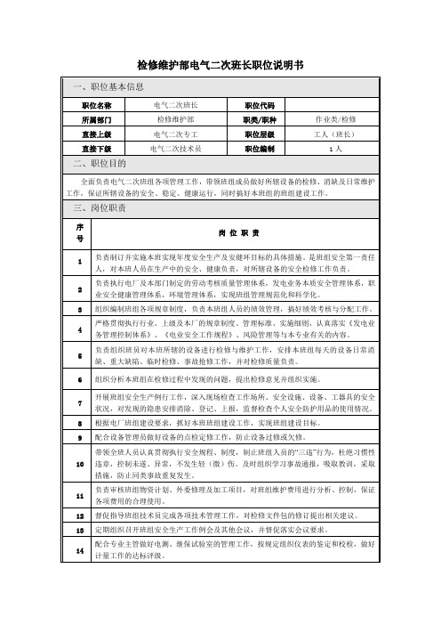 检修部电气二次班长职位说明书