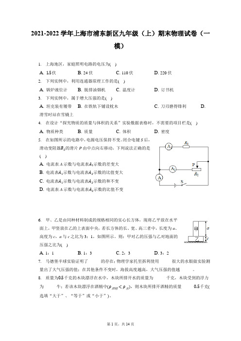 2021-2022学年上海市浦东新区九年级(上)期末物理试卷(一模)(含答案解析)