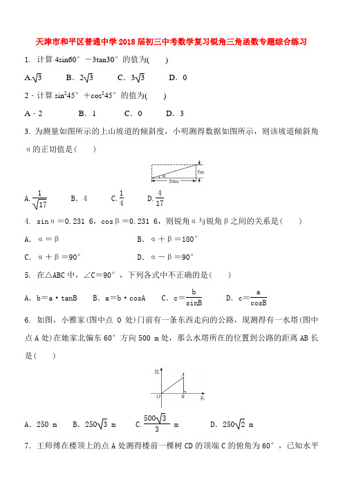 普通中学2018届初三中考数学复习锐角三角函数专题综合练习含答案