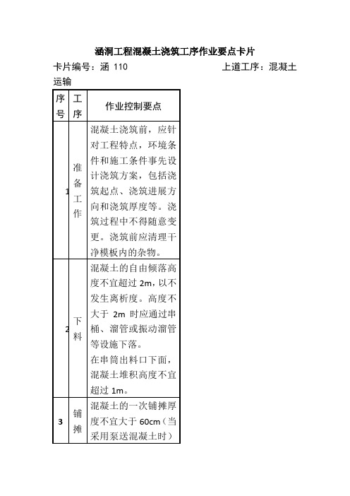 涵洞工程混凝土浇筑工序作业要点卡片