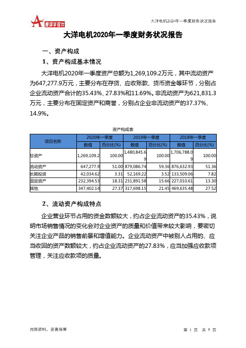 大洋电机2020年一季度财务状况报告