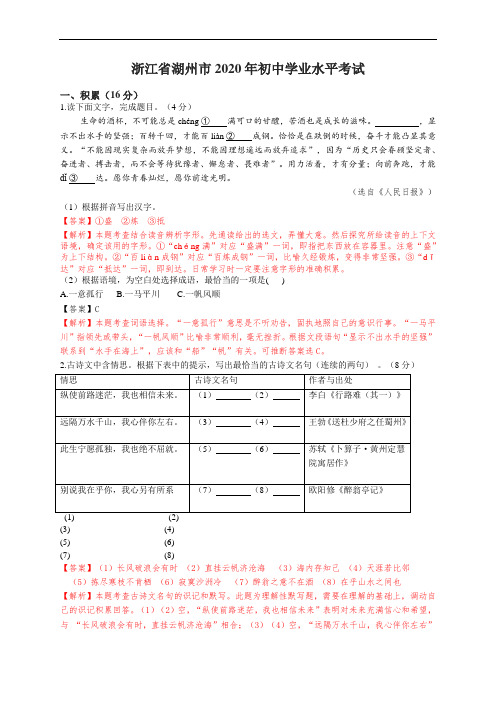 2020年浙江省湖州市中考语文试题(含解析)