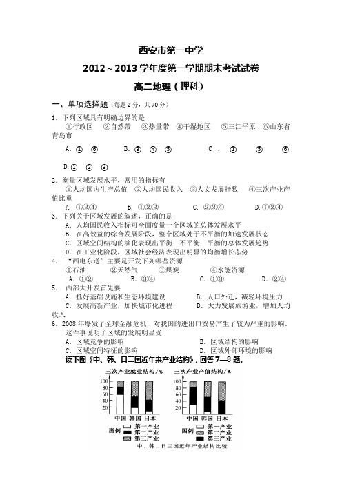 陕西省西安市第一中学2012-2013学年高二上学期期末考试地理理试题无答案