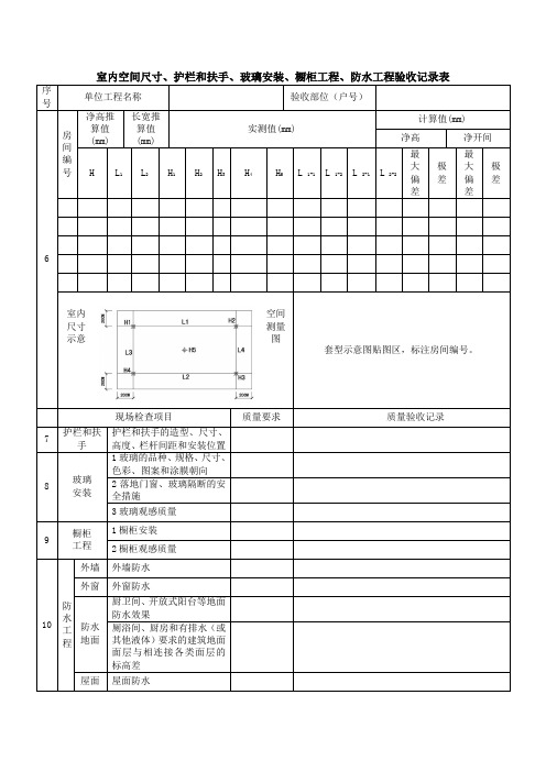 室内空间尺寸、护栏和扶手、玻璃安装、橱柜工程、防水工程验收记录表