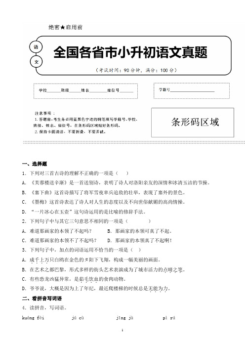 【小升初】2020年河北省石家庄市小升初语文毕业会考试题含答案(全网唯一)