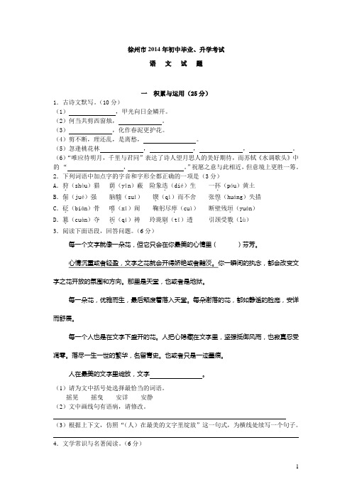 江苏省徐州市2014年真题中考语文试卷(附答案)