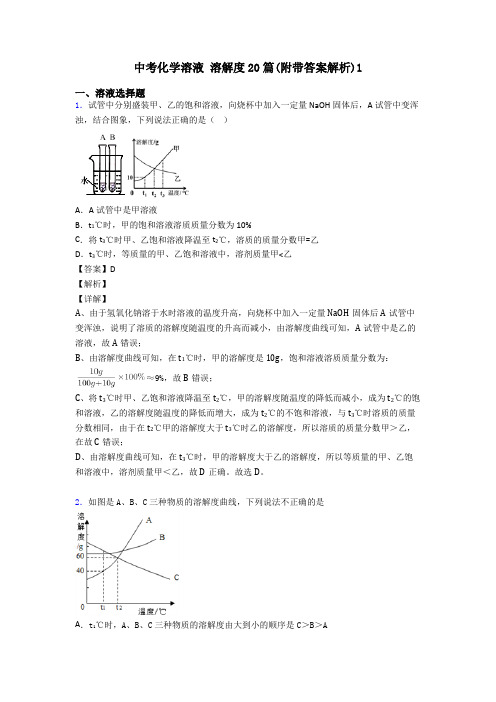 中考化学溶液 溶解度20篇(附带答案解析)1