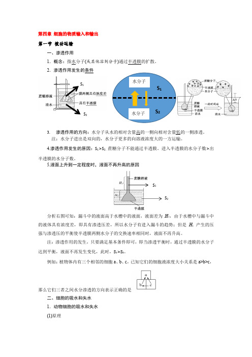 第四章细胞的物质输入和输出知识总结 高一生物人教版必修一