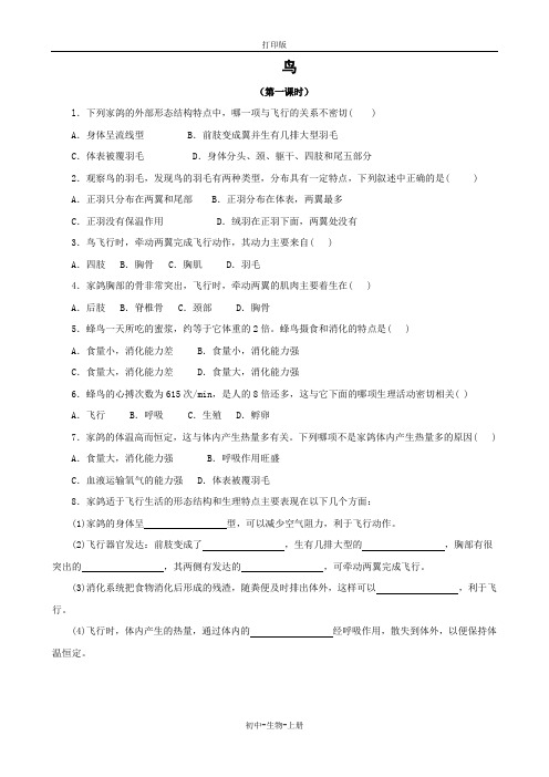 人教版生物-八年级上册-5.1.6 鸟 两课时作业
