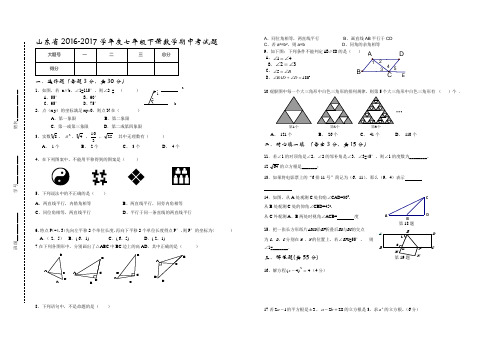 山东省2016-2017学年度七年级下册数学期中考试试题