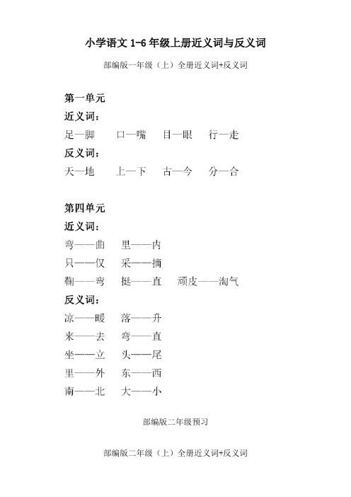 小学语文1-6年级上册近义词与反义词