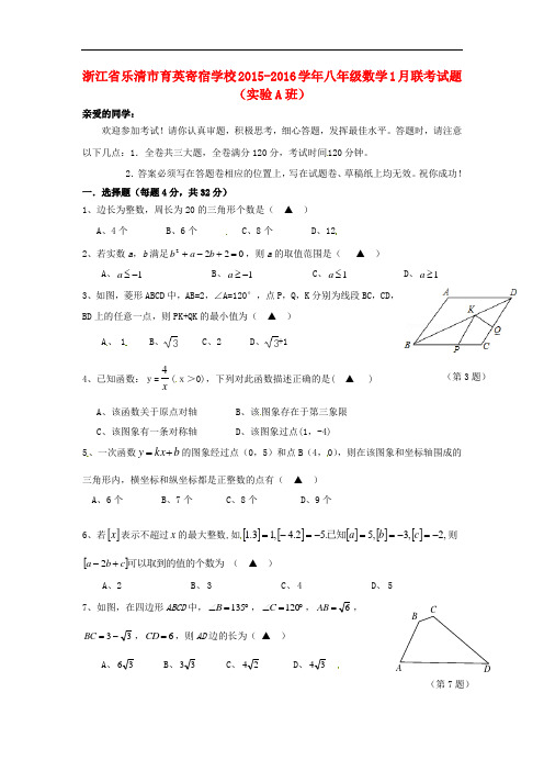 浙江省乐清市育英寄宿学校八年级数学1月联考试题(实验A班)