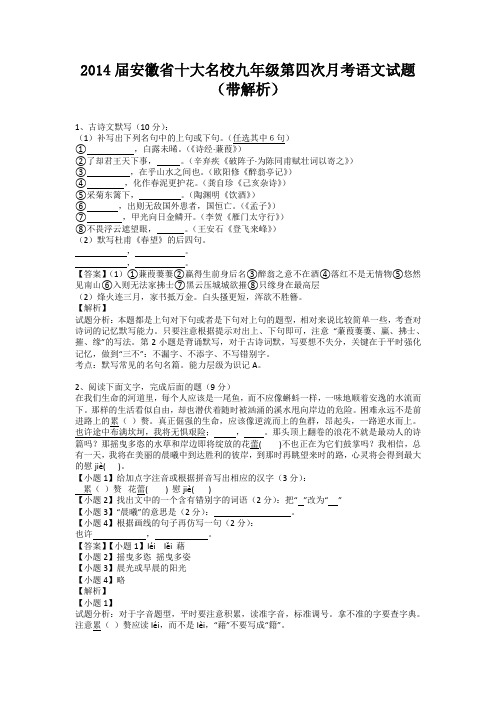 安徽省十大名校2013-2014学年九年级下学期第四次月考语文试题(纯word解析版)