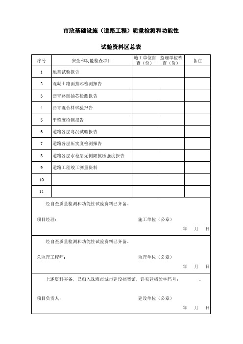 市政基础设施质量检测和功能性试验资料汇总表 填写范例