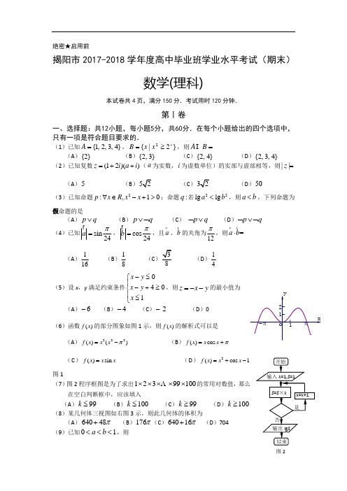 广东省揭阳市2018届高三上学期学业水平(期末)考试数学(理)试卷