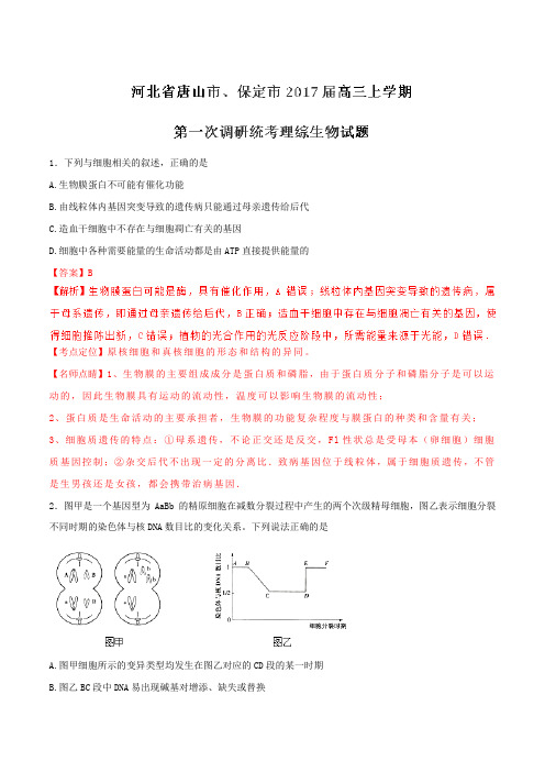 【全国市级联考】河北省唐山市、保定市2017届高三上学期第一次调研统考理综生物(解析版)