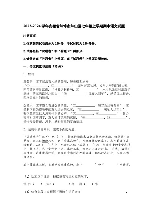 2023-2024学年安徽省蚌埠市蚌山区七年级上学期期中语文试题[含答案]