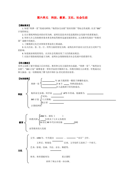 八年级历史下册 第六单元《科技、教育、文化、社会生活》学案(无答案)岳麓版