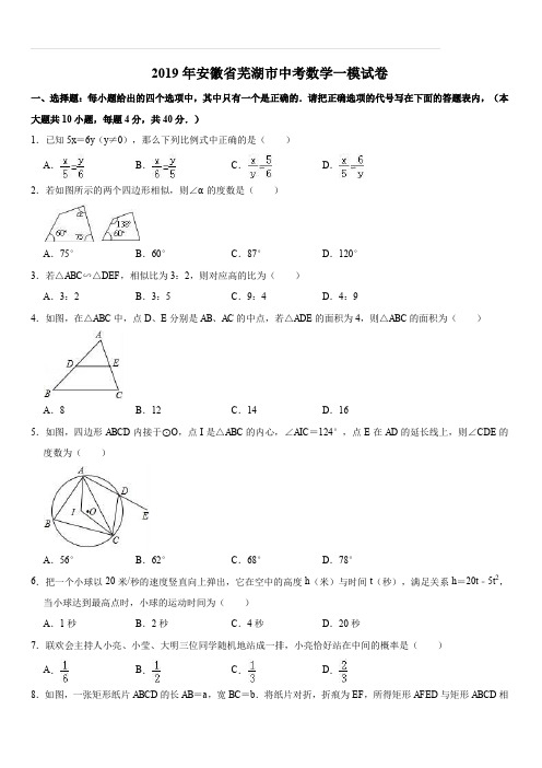 安徽省芜湖市2019年中考数学一模试卷(含答案解析)