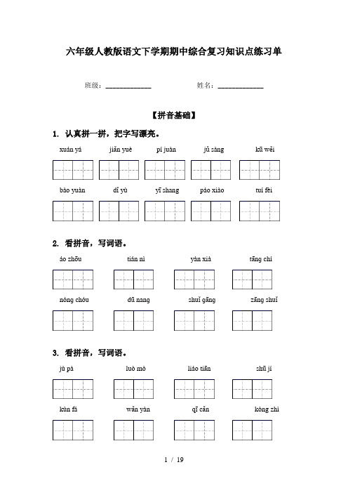 六年级人教版语文下学期期中综合复习知识点练习单