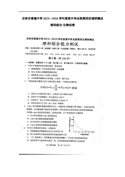 吉林省吉林市普通中学2016届高三第四次调研测试理科综