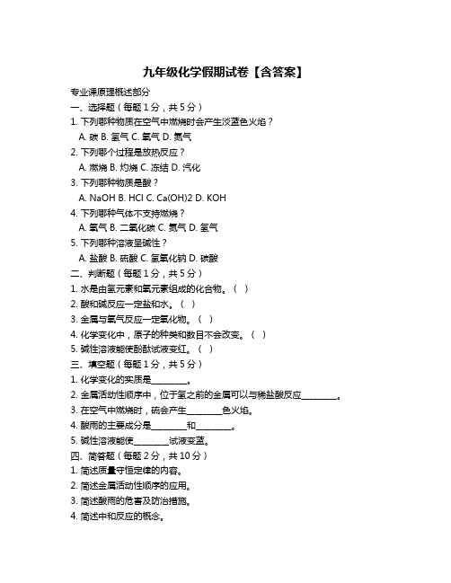 九年级化学假期试卷【含答案】