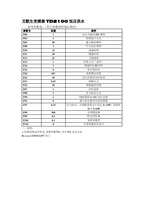 艾默生变频器TD2100系列恒压供水参考参数设置@zjiuzi